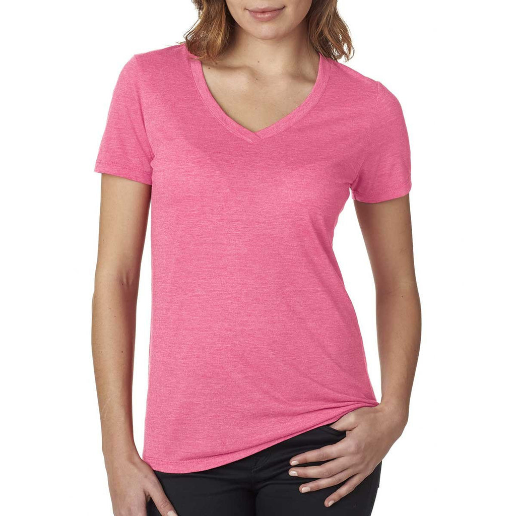 Next Level Women's Hot Pink Poly/Cotton V Neck Tee 