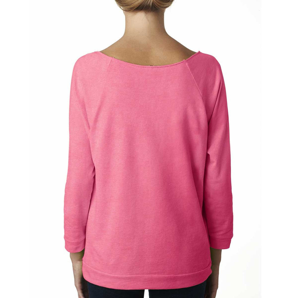 Next Level Women's Neon Heather Pink Terry Raw-Edge 3/4-Sleeve Raglan Tee