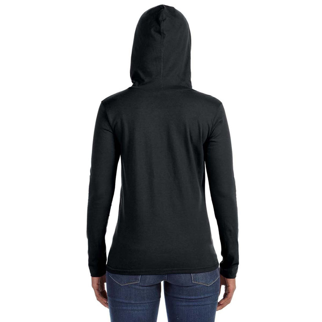 Anvil Women's Black/Dark Grey Long-Sleeve Hooded T-Shirt