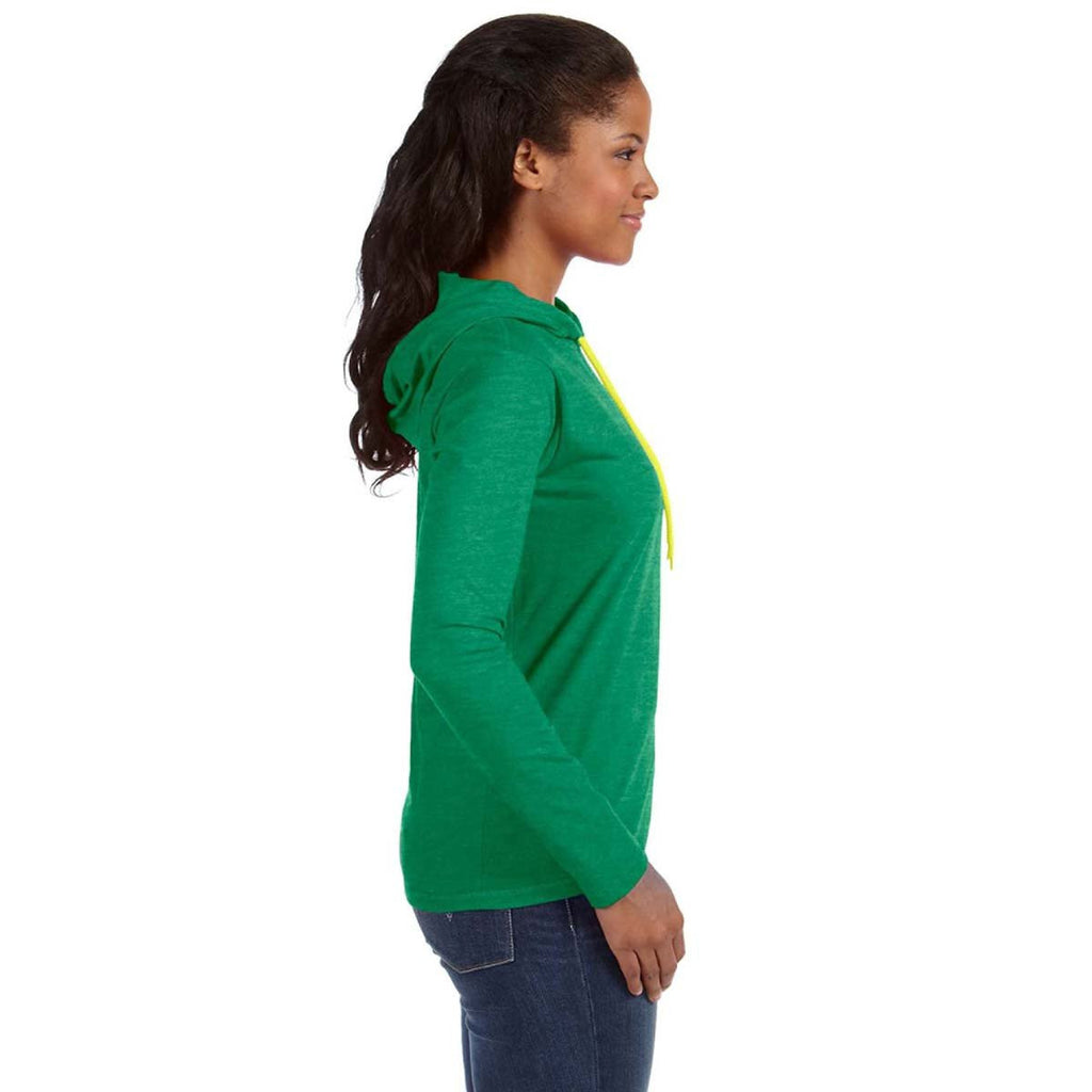 Anvil Women's Heather Green/Neon Yellow Long-Sleeve Hooded T-Shirt