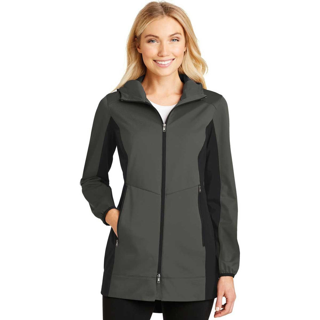 Port Authority Ladies Grey Steel/Deep Black Active Hooded Soft Shell Jacket