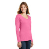 Port & Company Women's New Pink Long Sleeve Fan Favorite V-Neck Tee
