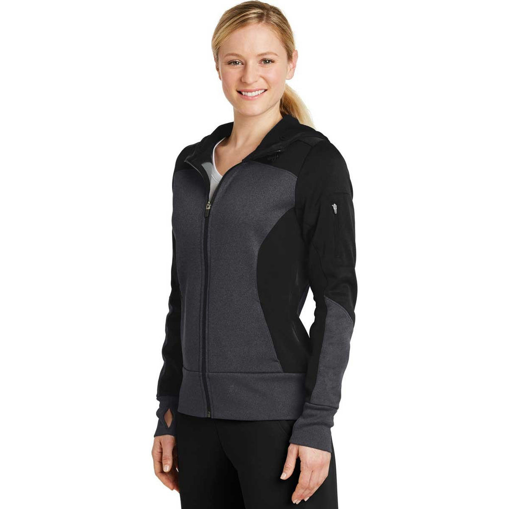Sport-Tek Women's Black/Graphite Heather/Black Tech Fleece Colorblock Full-Zip Hooded Jacket