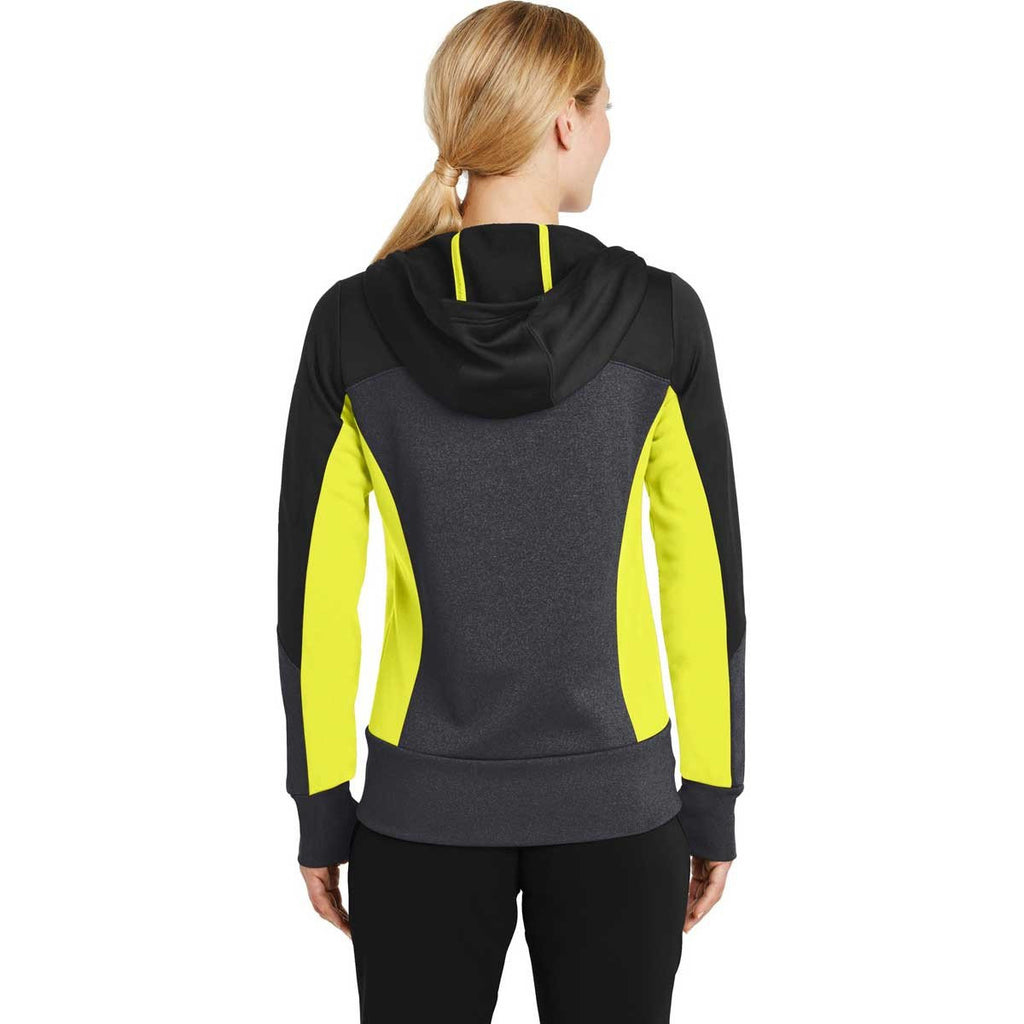Sport-Tek Women's Black/Graphite Heather/Citron Tech Fleece Colorblock Full-Zip Hooded Jacket