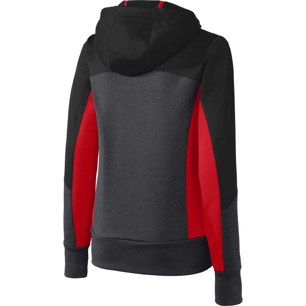 Sport-Tek Women's Black/Graphite Heather/True Red Tech Fleece Colorblock Full-Zip Hooded Jacket