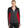Sport-Tek Women's Black/Graphite Heather/True Red Tech Fleece Colorblock Full-Zip Hooded Jacket