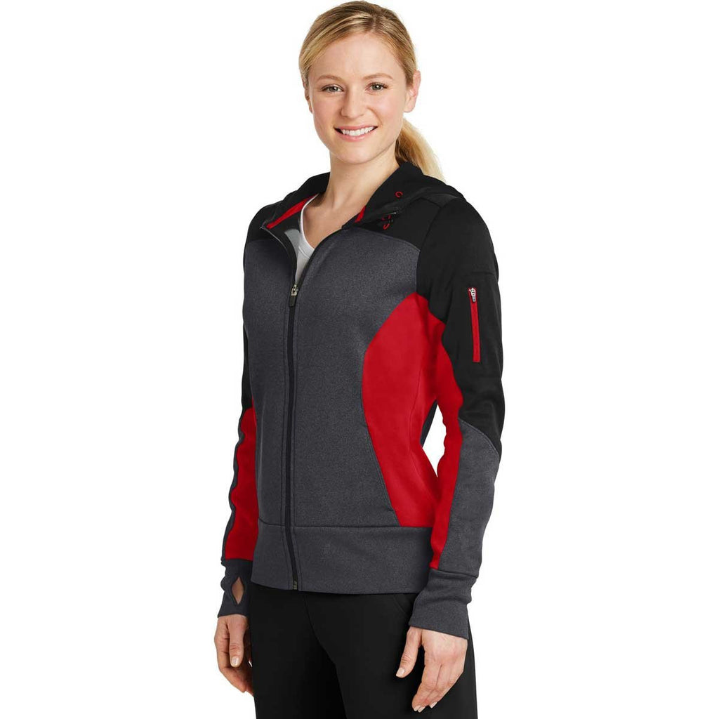 Sport-Tek Women's Black/Graphite Heather/True Red Tech Fleece Colorblock Full-Zip Hooded Jacket