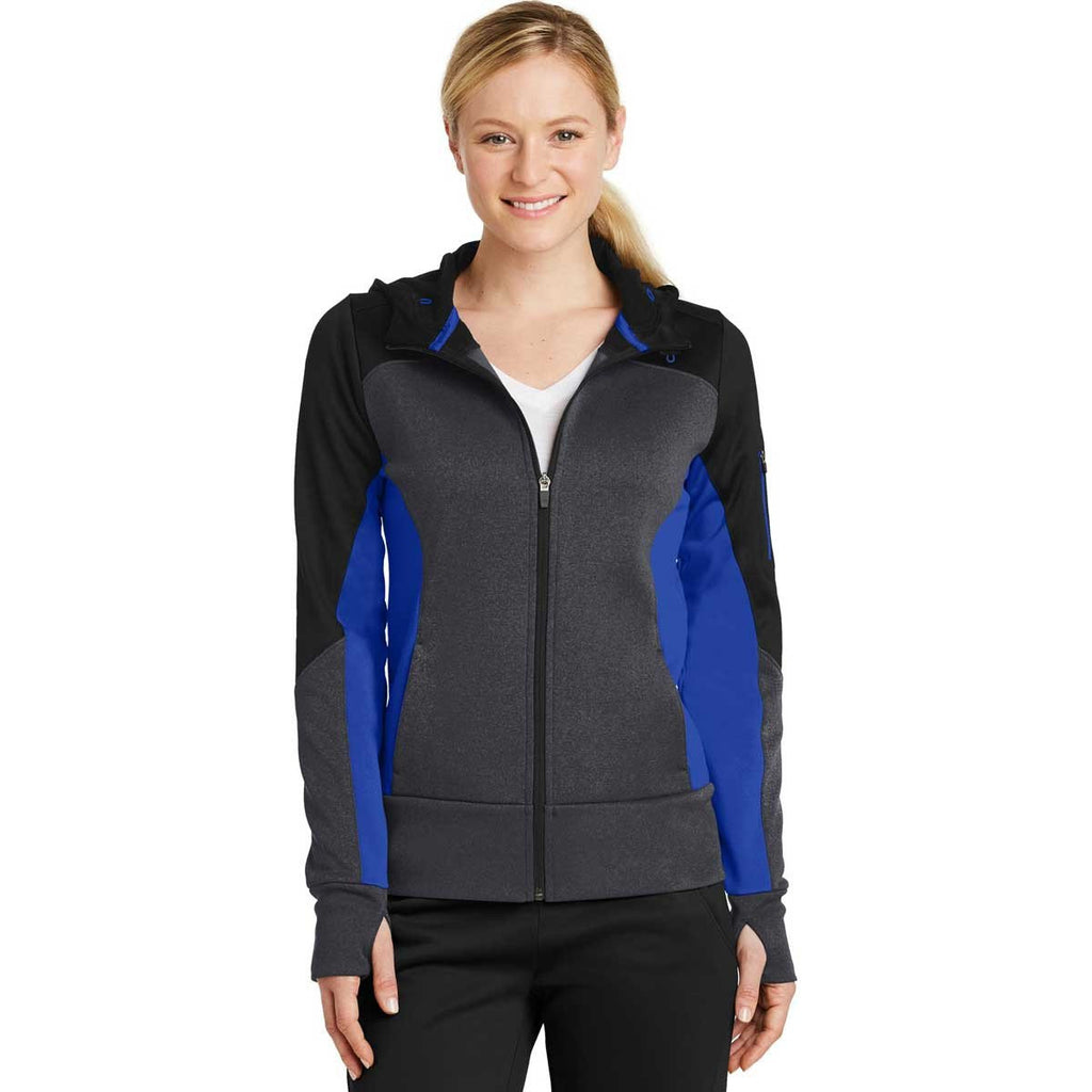 Sport-Tek Women's Black/Graphite Heather/True Royal Tech Fleece Colorblock Full-Zip Hooded Jacket