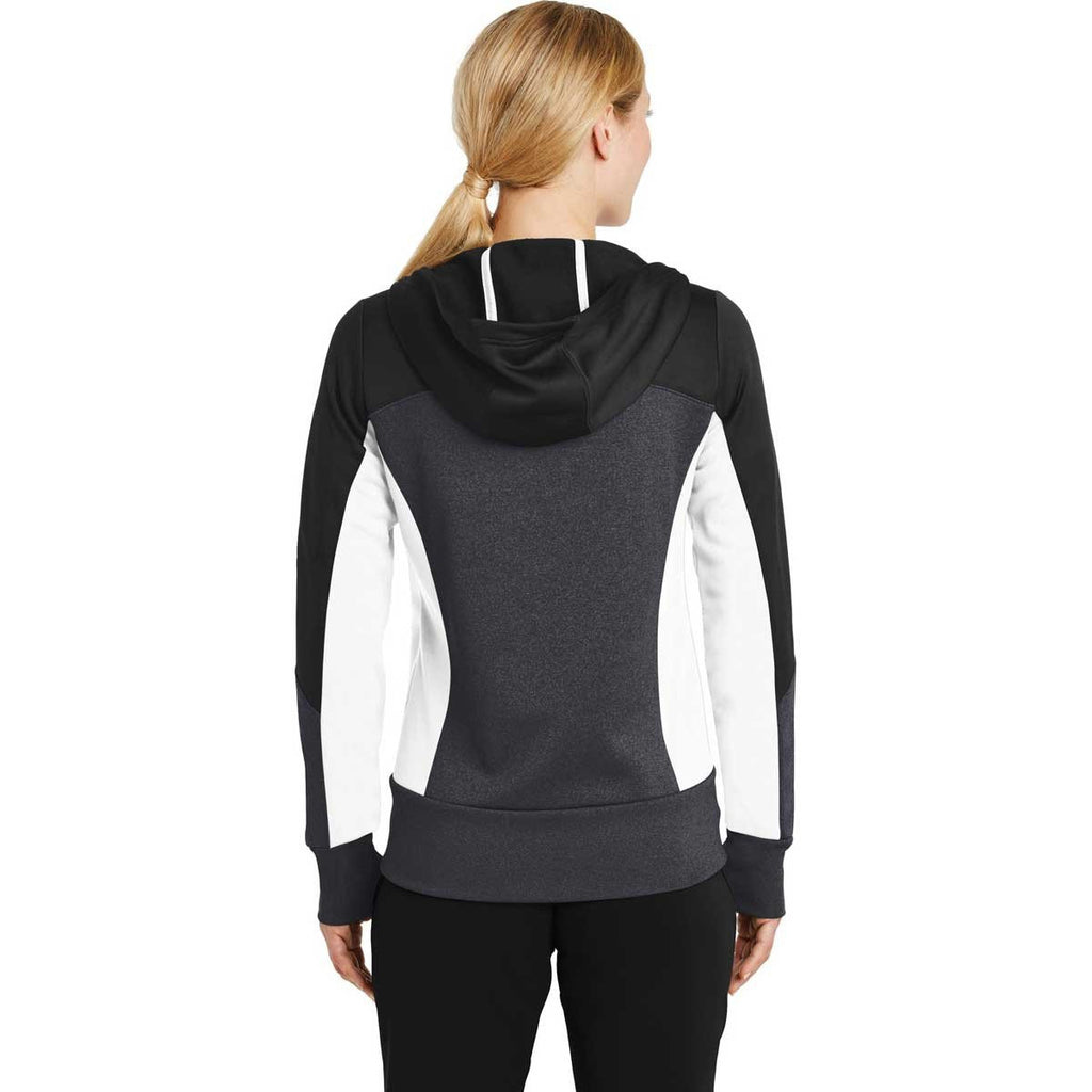 Sport-Tek Women's Black/Graphite Heather/White Tech Fleece Colorblock Full-Zip Hooded Jacket