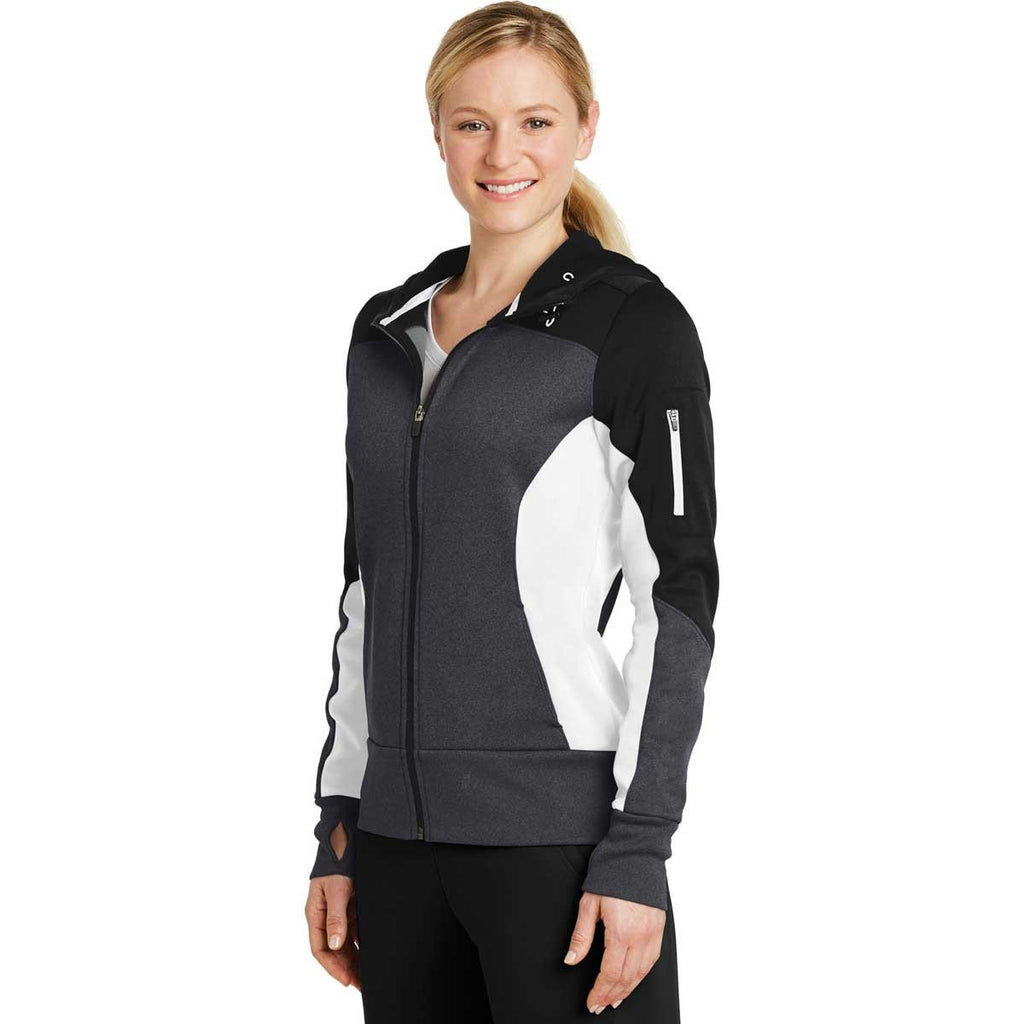 Sport-Tek Women's Black/Graphite Heather/White Tech Fleece Colorblock Full-Zip Hooded Jacket