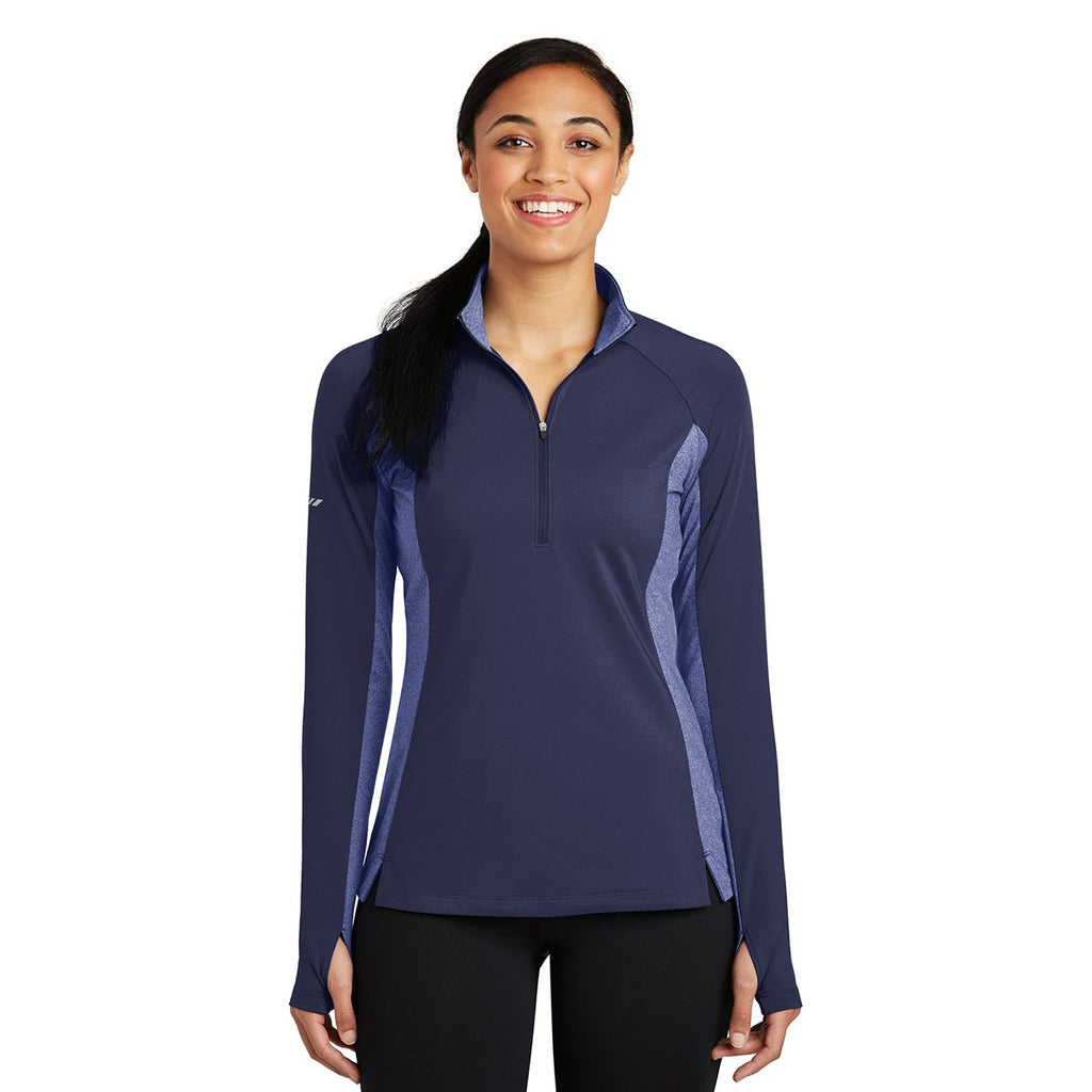 Sport-Tek Women's True Navy Heather Sport-Wick Stretch Contrast 1/2-Zip Pullover