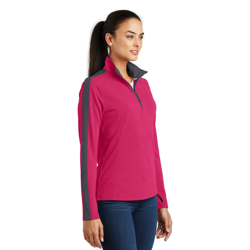 Sport-Tek Women's Pink Raspberry/Iron Grey Sport-Wick Textured Colorblock Quarter Zip Pullover