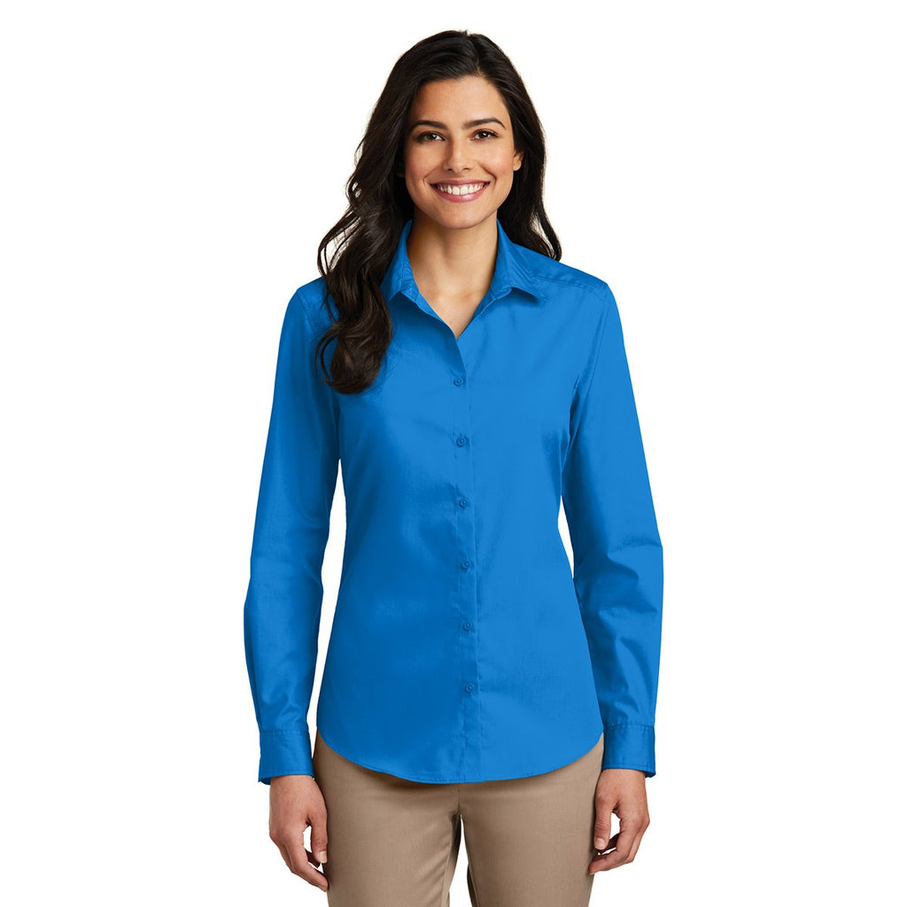Port Authority Women's Coastal Blue Long Sleeve Carefree Poplin Shirt