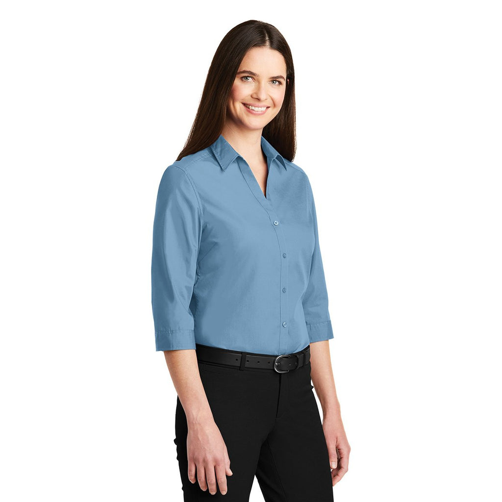 Port Authority Women's Carolina Blue 3/4-Sleeve Carefree Poplin Shirt